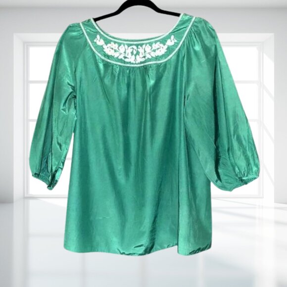 Lane Bryant Green Embroidered Peasant Blouse Button Balloon Sleeve 14/16 - Picture 2 of 7